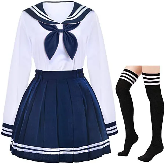 Frauen Uniform Japanische Mädchen Schuluniform JK Sailor Marineblau Faltenrock Anime Cosplay Kostüme mit Socken Set Outfits