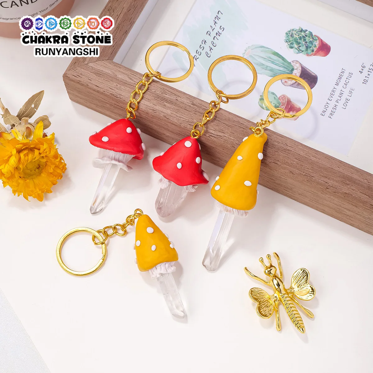 1PC Natural Crystal Mini Mushroom Metal Keychain Clay DIY Handmade Creative handicrafts Ornamental Stone Exquisite Decoration