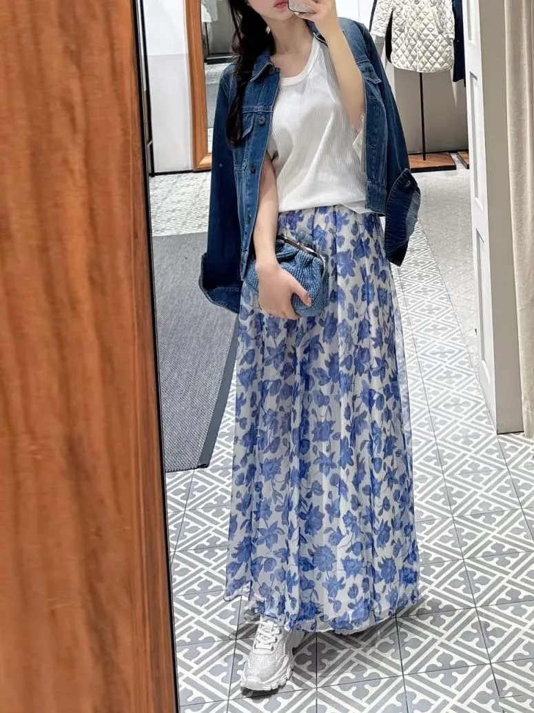 

Юбка миди с цветочным принтом и эластичной талией, женская, новая летняя коллекция, из высококачественного полиэфирного волокна, А-силуэт