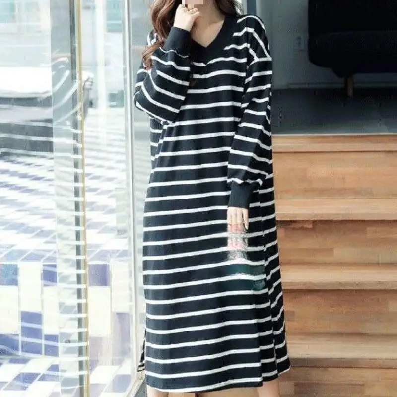 

Woman Striped V-Neck Pajamas Dress Princess Kawaii Loose Long Sleeves Leisure Wear Four Seasons Home Clothes Sleeping Wear New