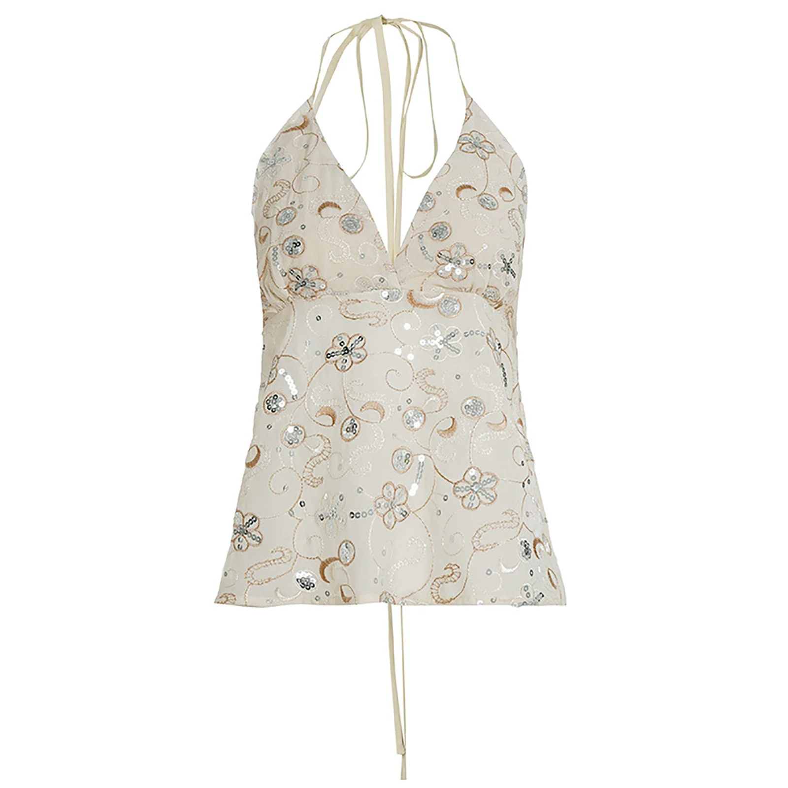 

Womens Chic Casual Camisole Floral Embroidery with Sequin Lace-up Halter V Neck Backless Tank Top T-shirt for Vacation Beach