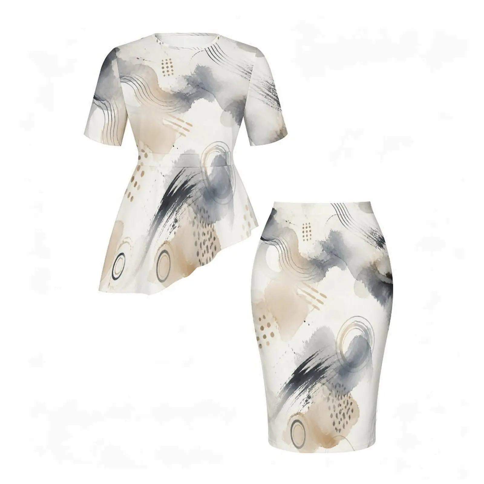 Women Abstract Watercolor Marble Printed Round Neck Short Sleeve Asymmetric Top and Fitted Skirt Two Piece Set