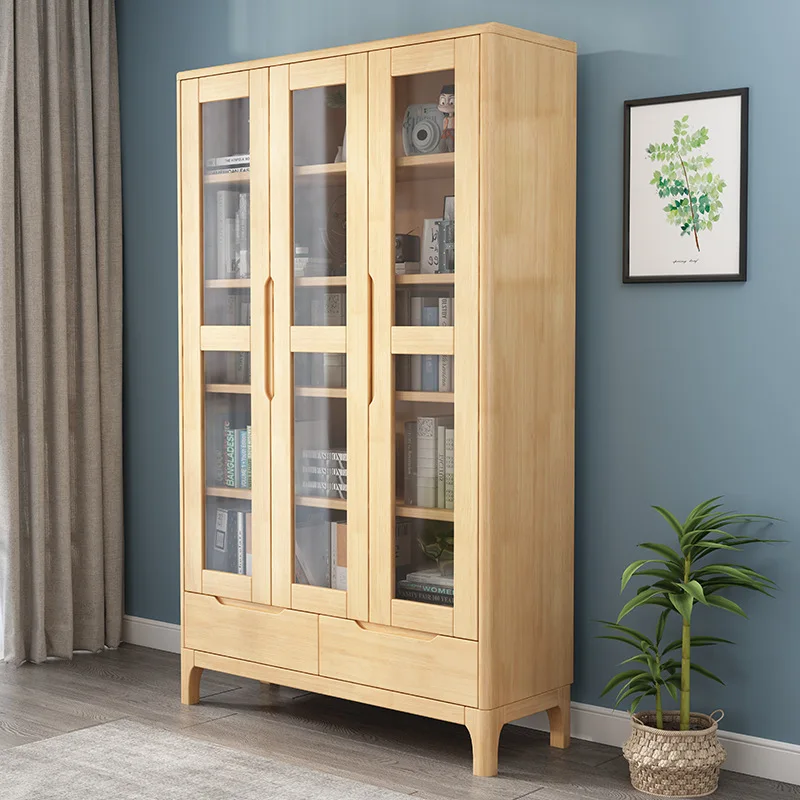 Solid wood bookcase Home study Bookcase Living room glass door Dust-proof honor Display cabinet Floor-to-ceiling locker