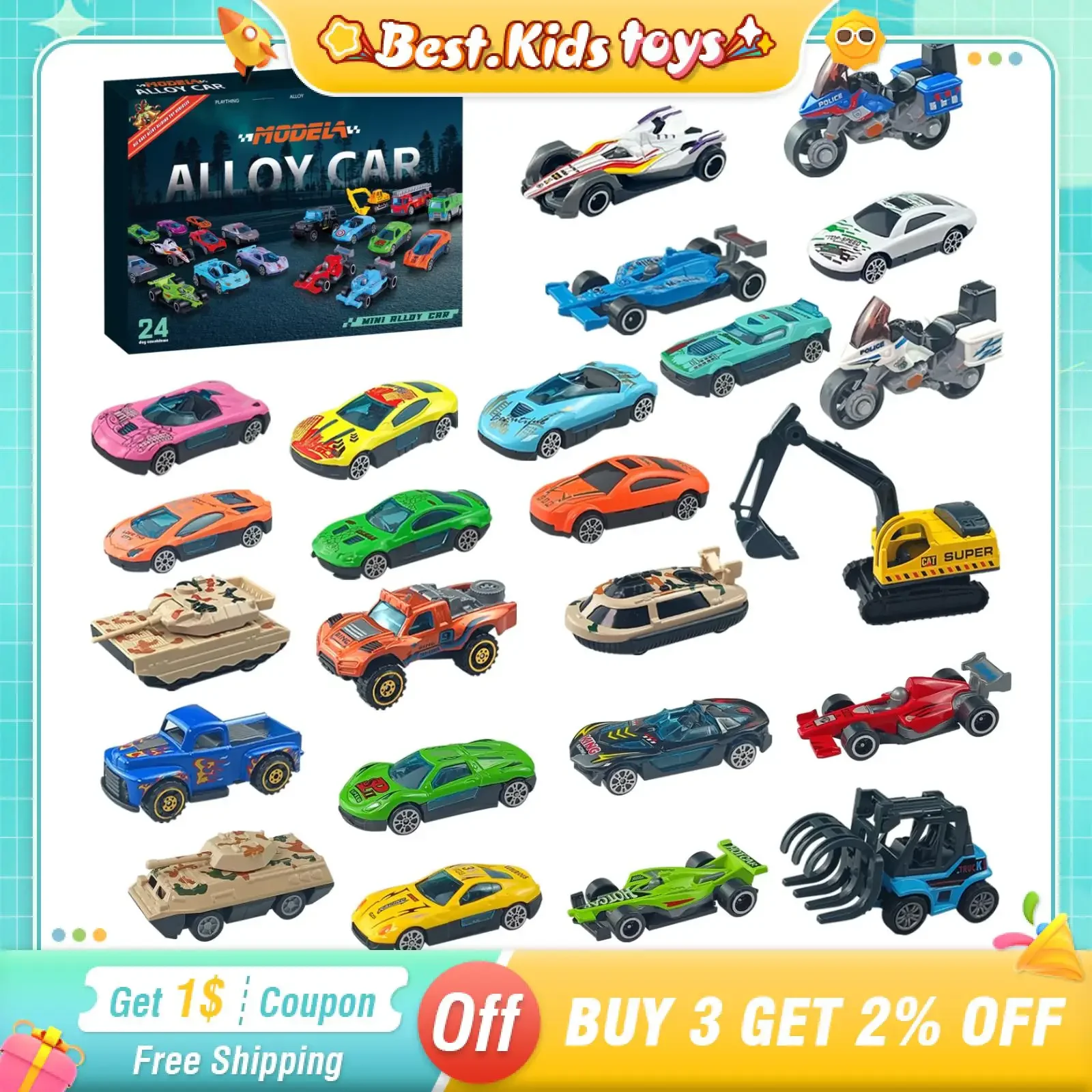 24 PC Set Legering Metaal Pull Back Auto Model Graafmachine Kerst Adventskalender 24 Dagen Kinderspeelgoed jongens Nieuwjaar Cadeau