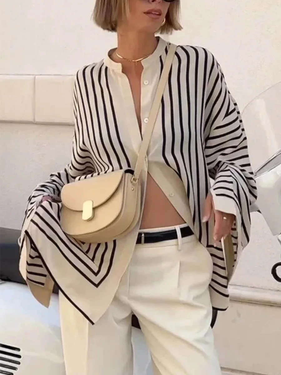 

Fall Women's Clothing Striped Long Sleeve Loose Fit Blouse Tops Elegant Casual Button Up Shirt Polyester Neck Mid Length