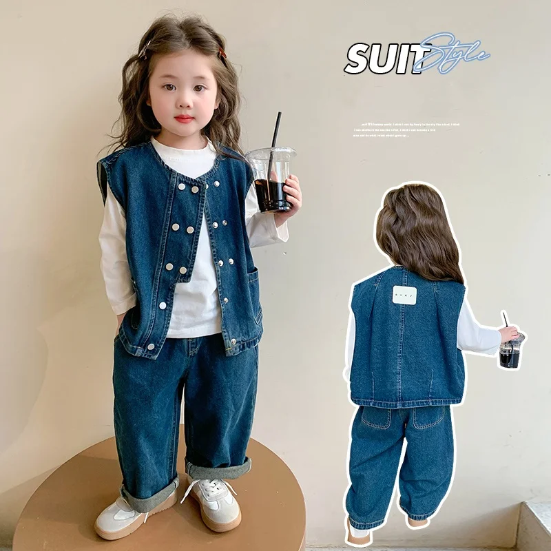 

Girls Clothes Set Size 2-9Y Kid Denim Vest Top+Jeans Bottom Suit Child 2Pce Of Clothing Set Toddle Girl Casual Fashion Denim Set