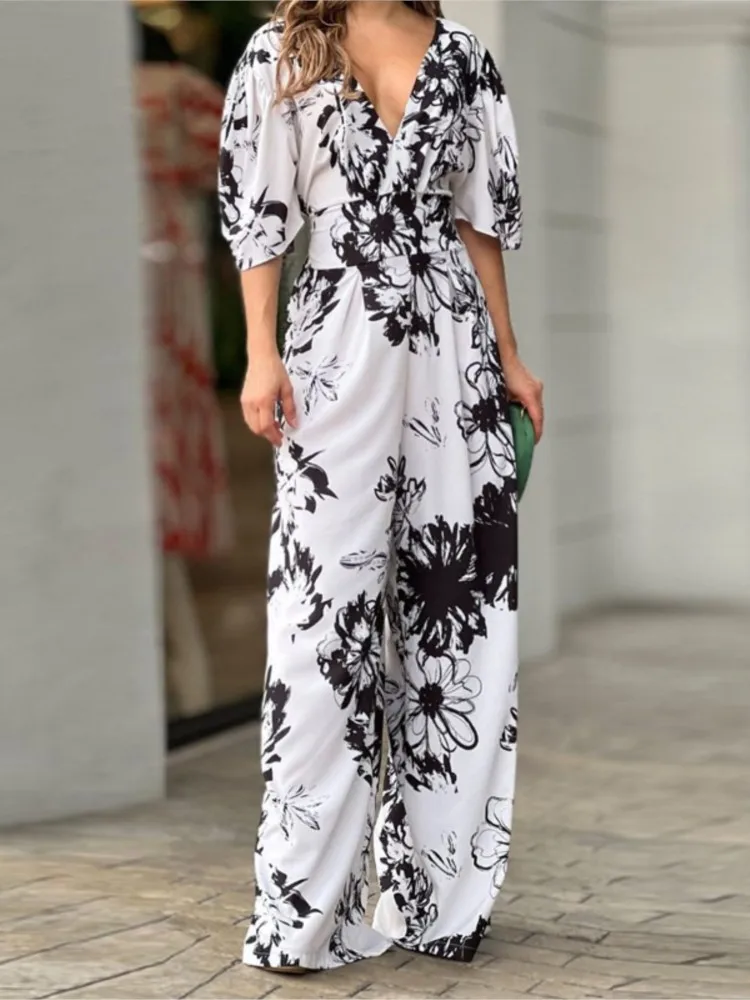 Summer New Printed Jumpsuits Women Temperament Elegant Ladies V-neck Backless Leace-up Bat Sleeve High Waist Wide Leg Jumpsuit