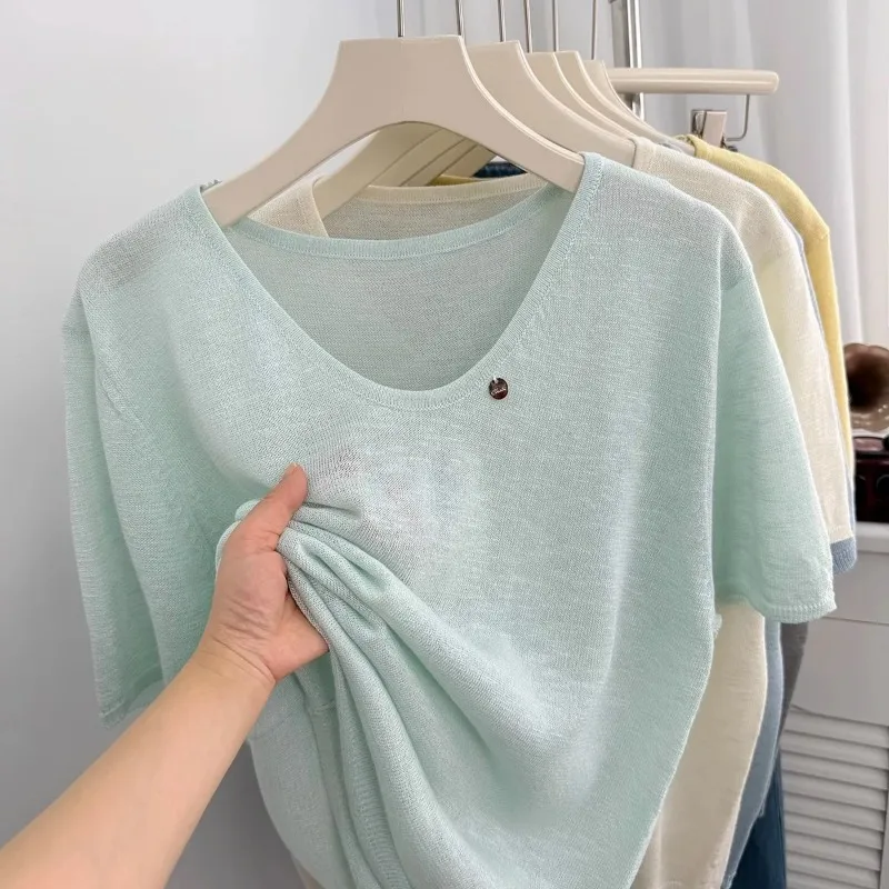 Women V Neck Bamboo Linen Knit T Shirt Summer Thin Breathable Loose Short Sleeve Casual Blouse S M L XL