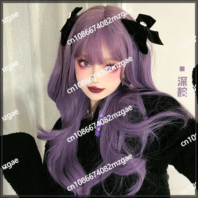 Wig female long curly hair natural highlights lolita sweet and cute jk full set head [deep indigo]