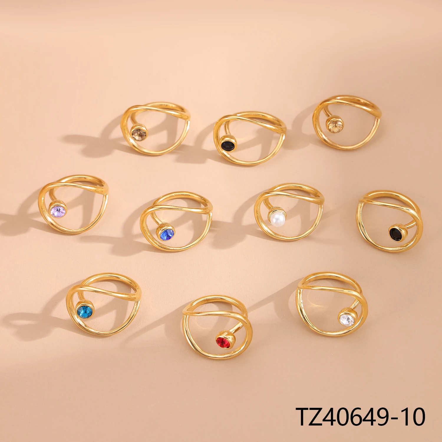 CARLIDANA Vintage Stainless Steel Round Hollow Stud Rings Waterproof Colorful Crystal Stone Open Rings Jewelry for Women Girls
