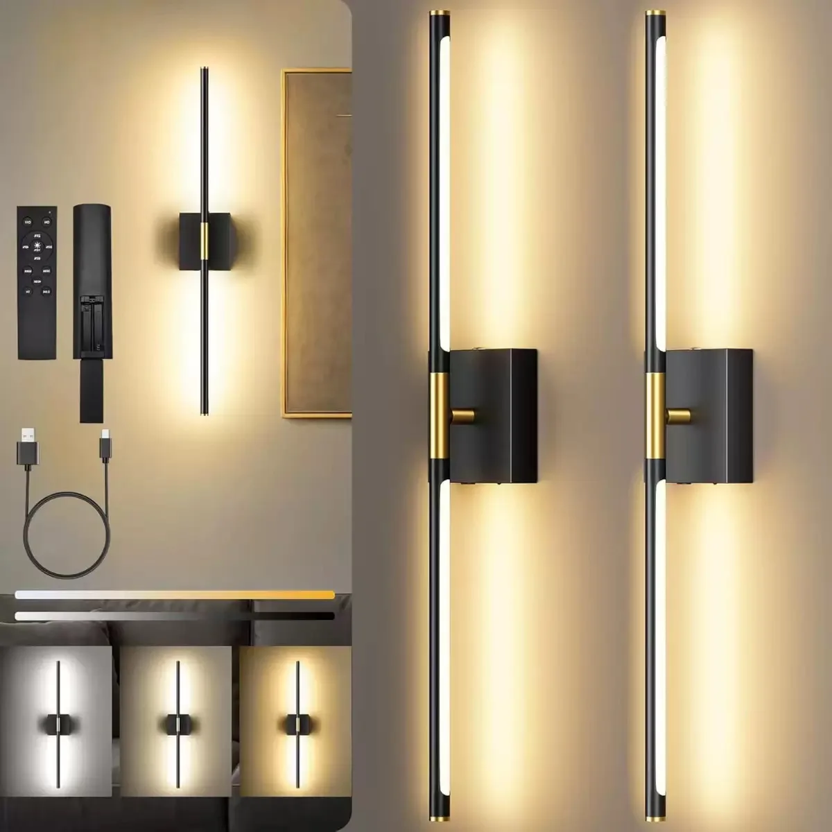 Lampa ścienna LED z możliwością ładowania, zasilana baterią, bezprzewodowe lampy ścienne, 360 ° Obracana, magnetyczna lampa ścienna z regulacją jasności, diodowa oświetlenie ścienny do sypialni,