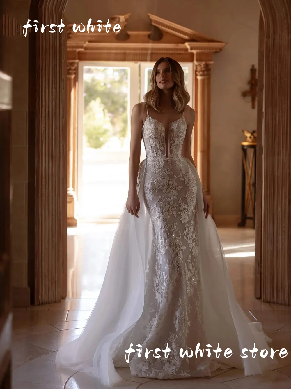 Customized Sequined Lace Appliques Wedding Dress Detachable Train Spaghetti Straps Bridal Gown Mermaid Dresses Vestido de Novia