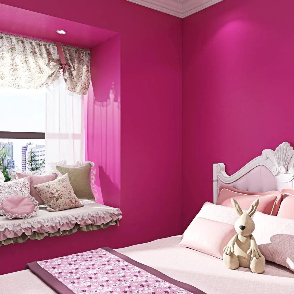ورق جدران وردي قابل للتقشير واللصق مقاس 24 × 394 بوصة - ديكور غرفة نوم بناتي لامع للفتيات، ورق اتصال وردي داكن للجدران #4