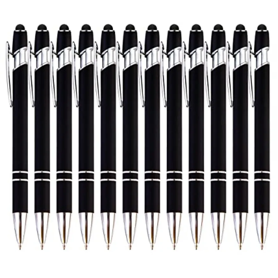 

12-Piece Black Ballpoint Pen with Stylus Tip, 2 in 1 Stylish Metal Touch Screen Pen - Black Ink, 1.0 mm Medium Point - 5.5 x 0.