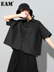 [EAM] Women Black Big Size Irregular Pocket Blouse New Lapel Short Sleeve Loose Fit Shirt Fashion Spring Summer 2024 1DD8088