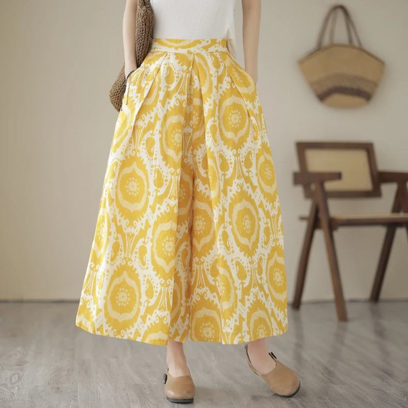 

2023 New Arrival Summer Women Yellow Floral Print Cotton Linen Ankle-length Pants Casual Loose Elastic Waist Wide Leg Pants V302