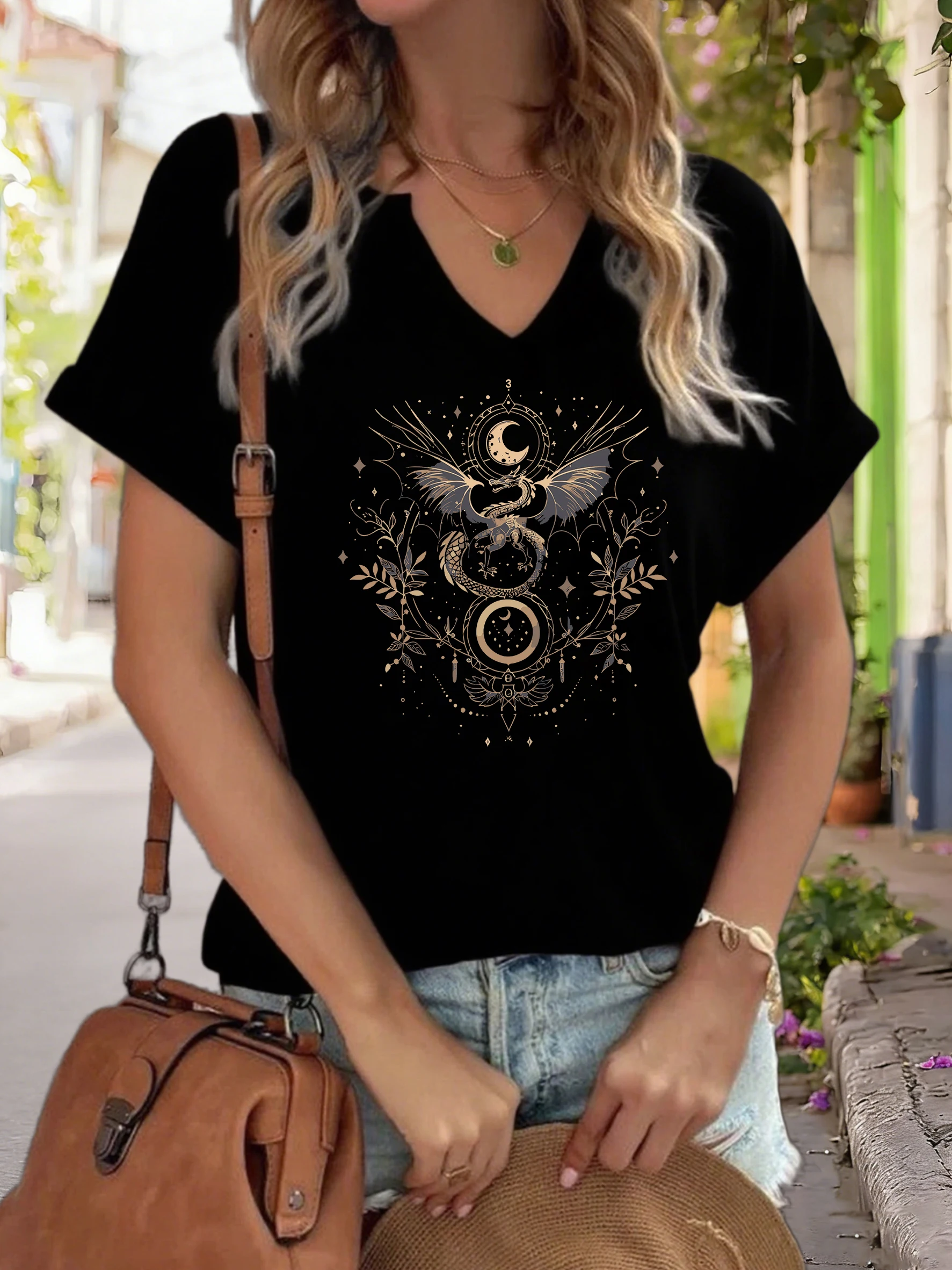 Women's V-Neck "Celestial Dragon & Moon" Graphic Tee, Mystical Floral Print T-Shirt, Casual Short Sleeve Boho Top image 5