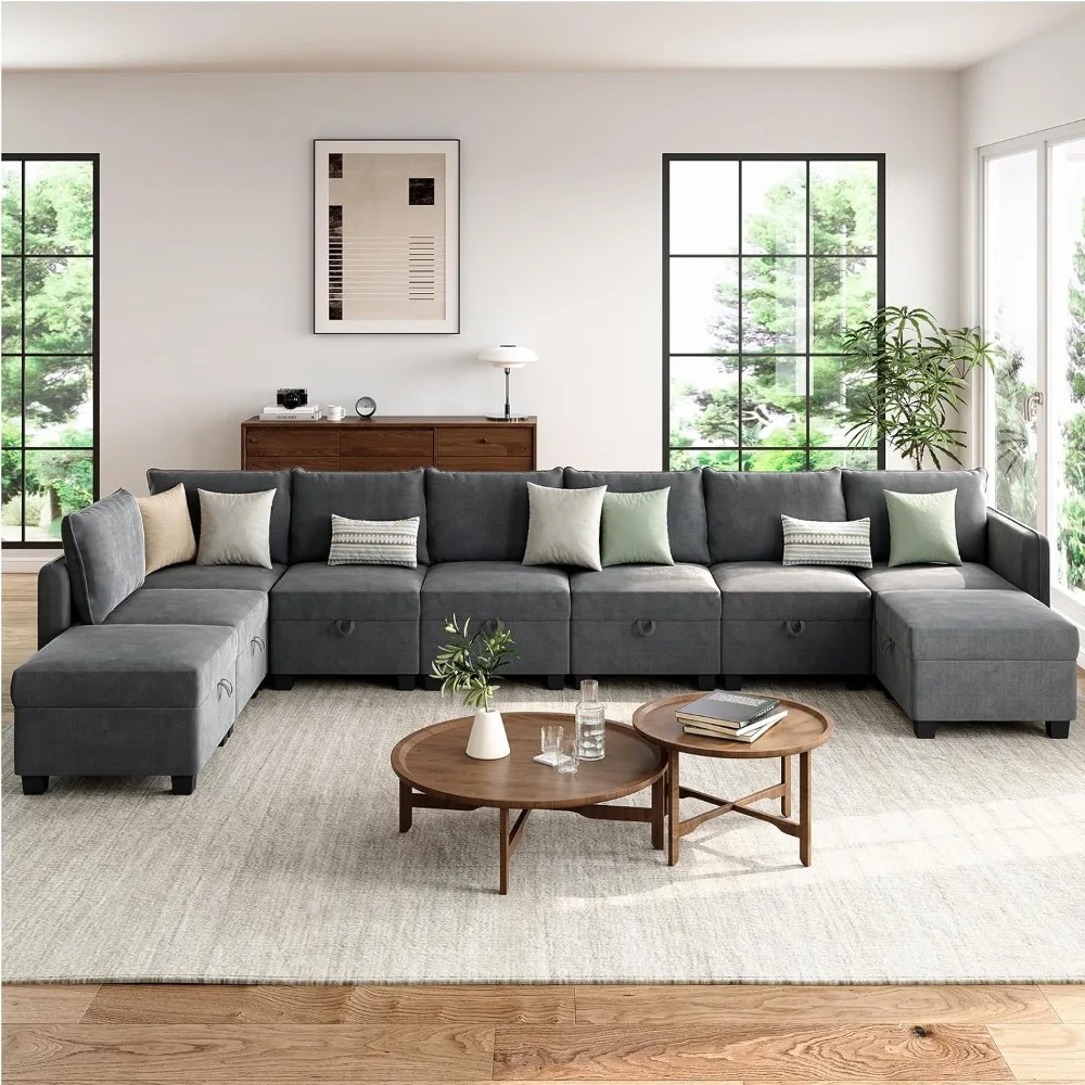 Sectional Sofa with Storage Seat, 9 Seat U Shaped Couches for Living Room - Linen Fabric Modular Sectional Couch Soft Sponges