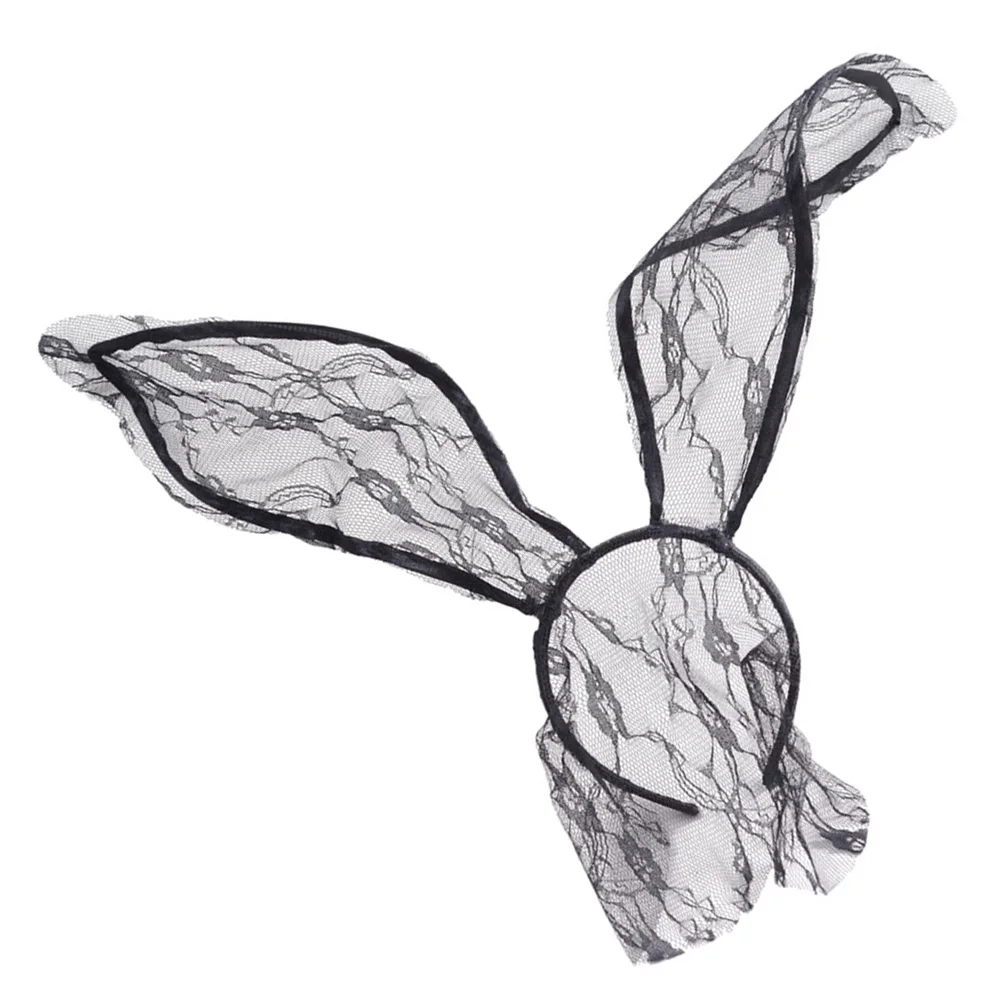 

Veil Rabbit Ear Headband Half Face Mask Lace Hairband Accessories Hairwear Black