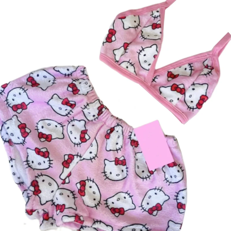 Hello Kitty Sanrio Pajamas Set Kawaii Cartoon Anime Cute Home Leisure Vest Shorts Pajamas Two Piece Set Girls Birthday Gifts