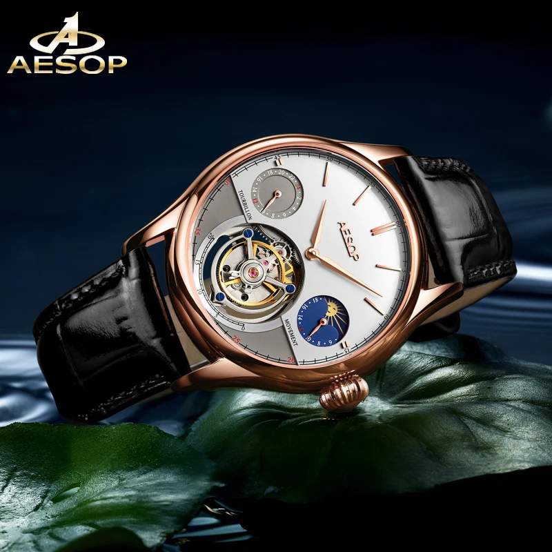 Aesop masculino real tourbillon esqueleto automático movimento auto-vento relógio de pulso luxo cristal safira casual fase da lua mecânica