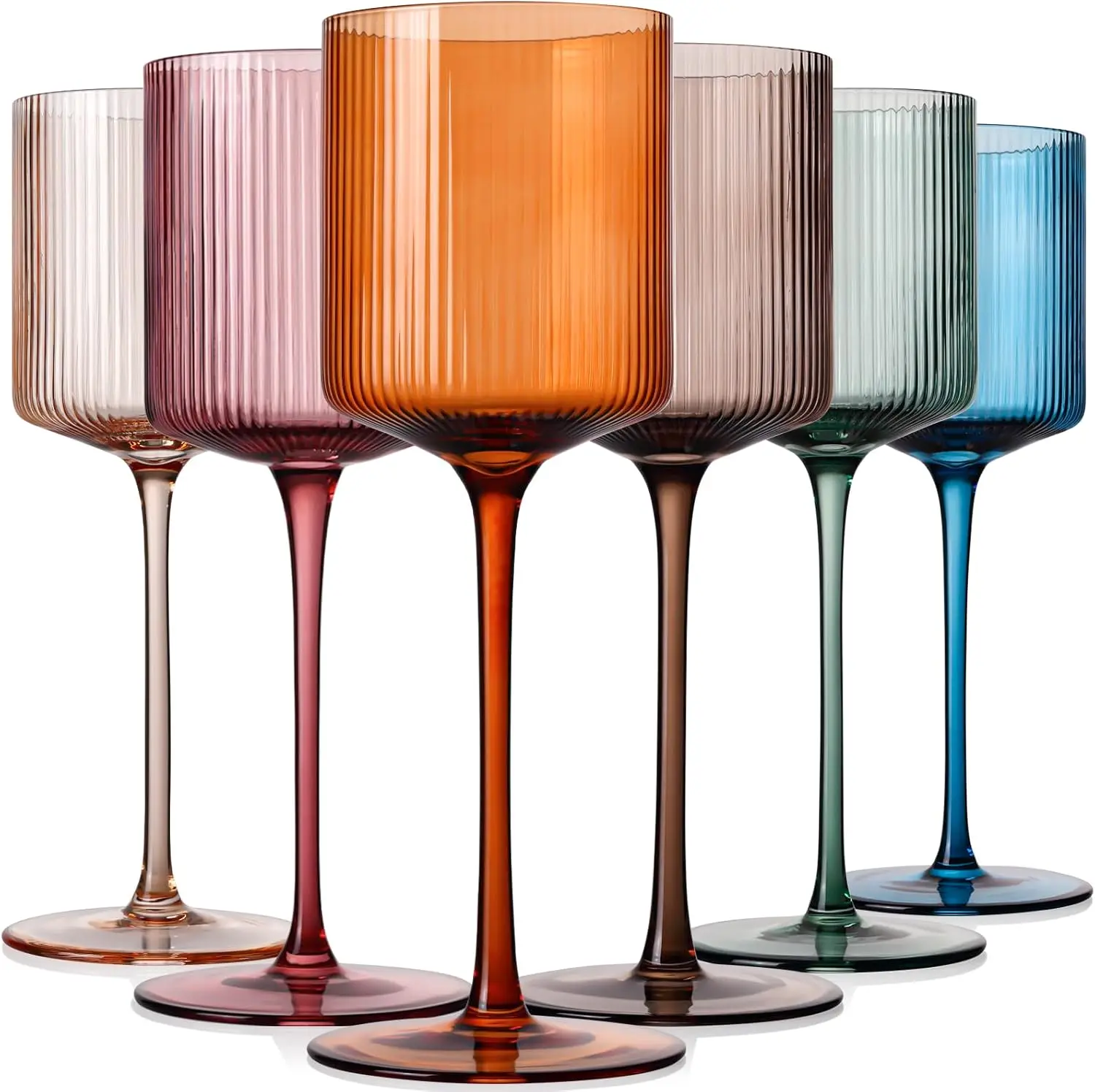 

Colored Square Wine Glasses Set of 6, Elegant Ribbed Design Colorful Crystal Glassware with Long Stem, 11.5oz Hand Blown