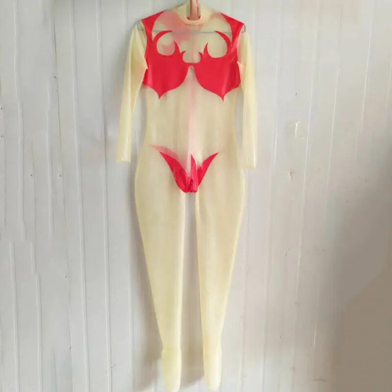 라텍스 투명 스타킹 Catsuit 지퍼 고무 레드 클럽 긴 소매 바디 슈트