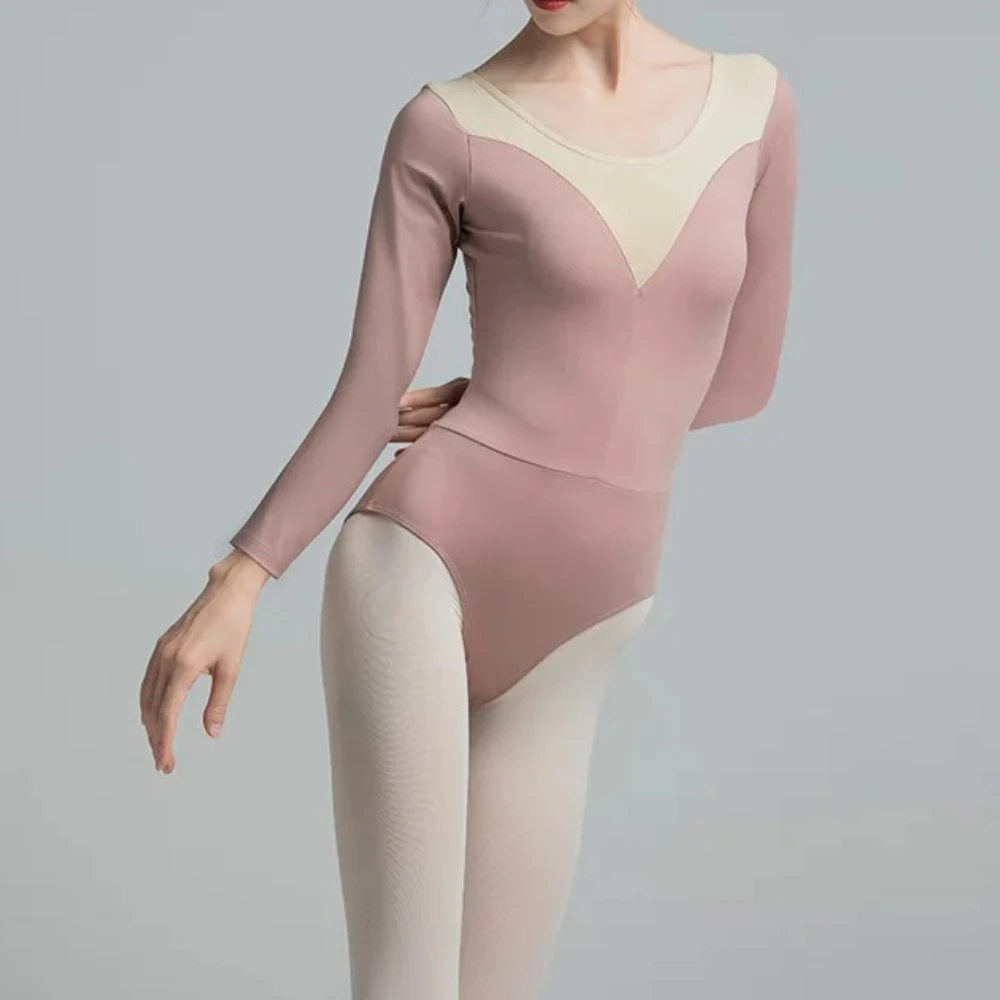 レディースバレエレオタードヨガ体操ダンストレーニングウェア長袖メッシュスプライスバレエダンスボディスーツバレリーナコスチューム