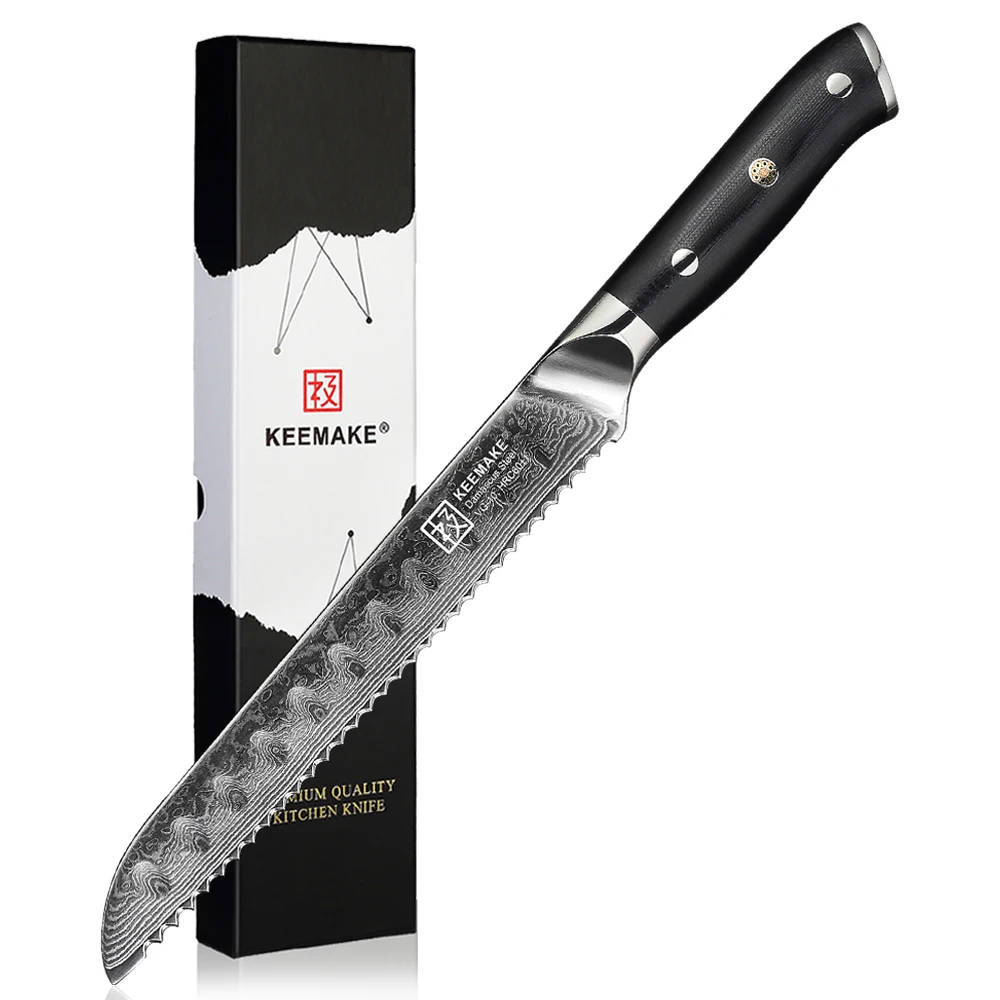 KEEMAKE Serrated 8 Inch Bread Cake Knife Sharp VG10 Damascus Steel Kitchen Knife Slicing Cooking Tools Black G10 Handle