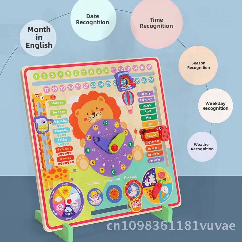 Orologio da calendario multifunzionale in legno educativo per bambini Giocattolo Montessori per la cognizione del tempo Apprendimento dell'asilo e