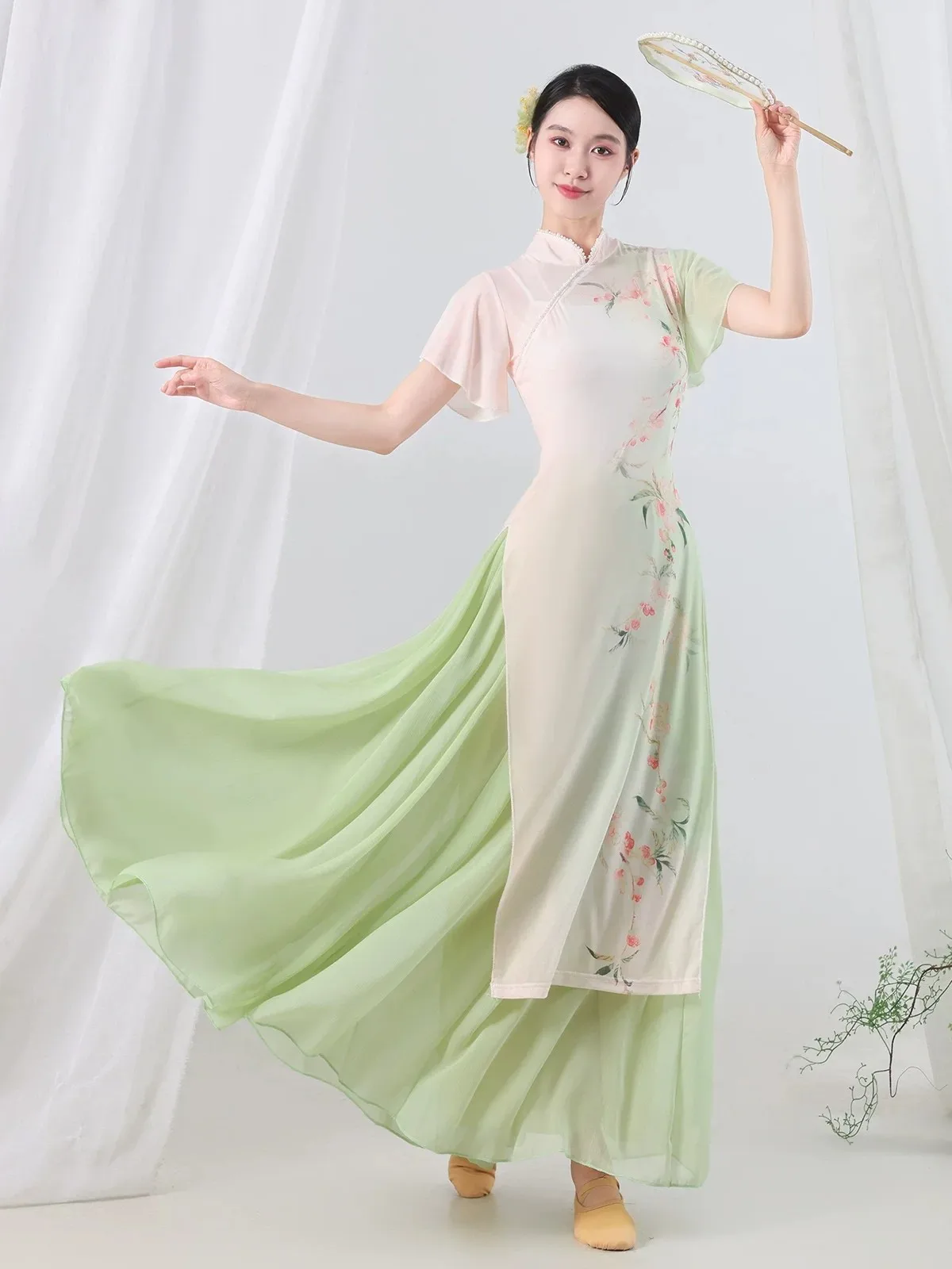 elegant-classical-dance-performance-costume-ultra-fairy-printed-loose-skirt-practice-uniform-low-elasticity-breathable-fabric