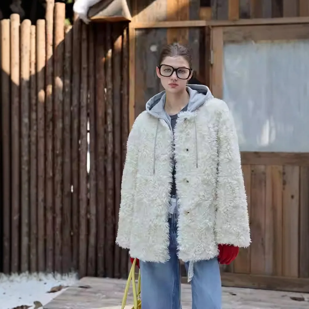 مترهل مجعد المرأة الفراء الاصطناعي أبلى لون نقي واحدة الصدر سيدة فرو منك سترة الشتاء معطف فرو صناعي الإناث عادية #3