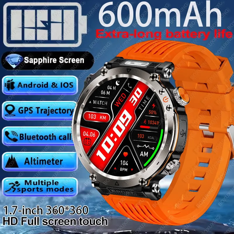 2025 Nuovo Smart Watch da esterno da uomo 600mAh Torcia a LED SmartWatch Bussola Chiamata Bluetooth Frequenza cardiaca IP 68 Sport Smartwatch 2025