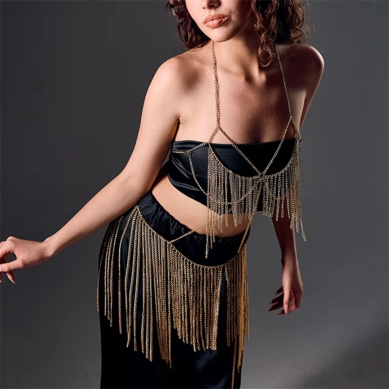 Damen Gold-Ketten-Halter-Bodychain-Kleid mit Fransen und Quasten, 2-teiliges Set, Party-Club-Rave-Outfit, Einheitsgröße, Dropshipping – Detail 6