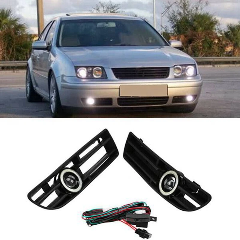 2Pair Fog Lights Angel Eyes Lamp Front Bumper Grille Grill Cover With Wire Kit For Jetta Bora MK4 1999-2004