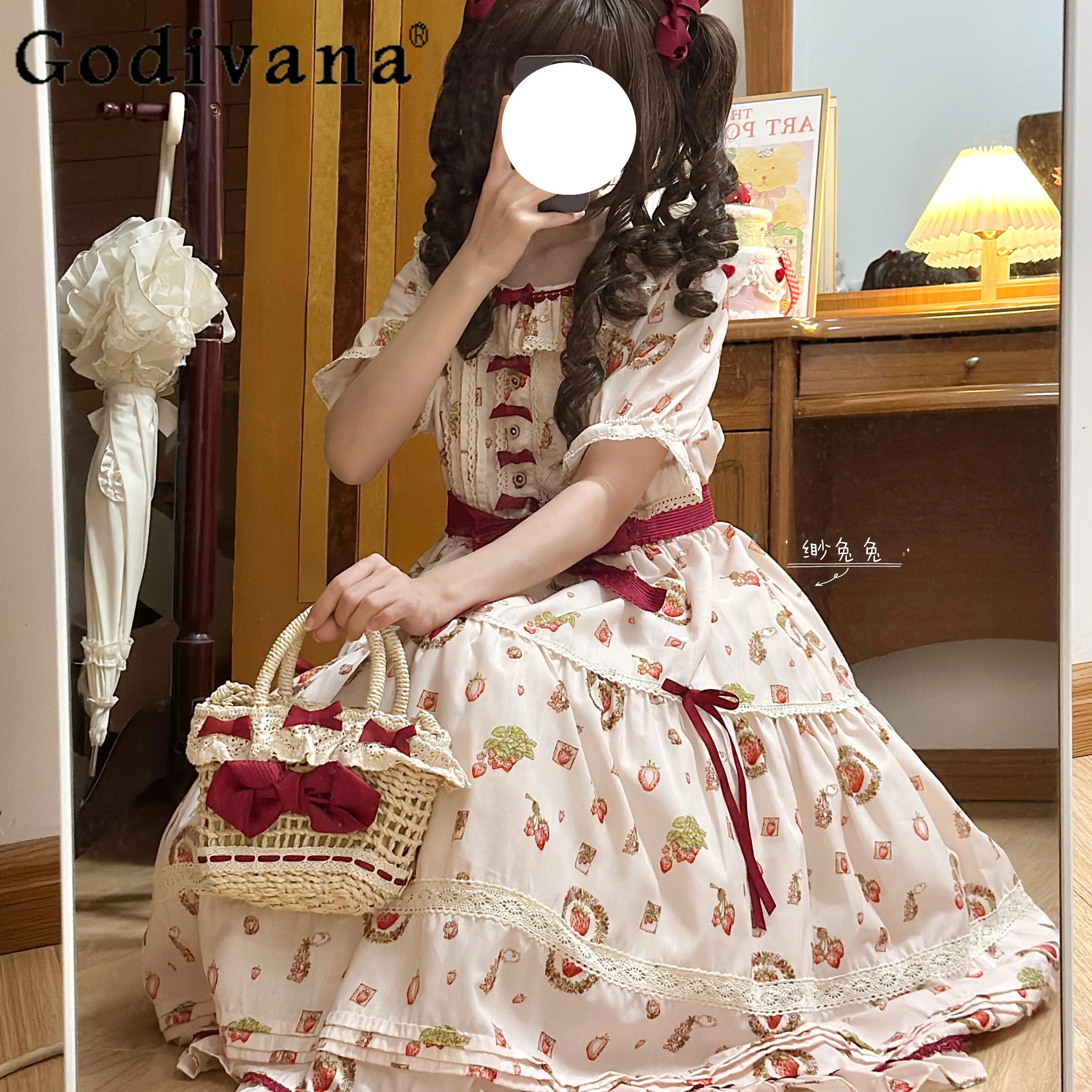 

Original Design Sweet Kawaii Lolita Dress Women's High Waist Strawberry Print Soft Girl Mid-Length Short Sleeve Dresses Summer