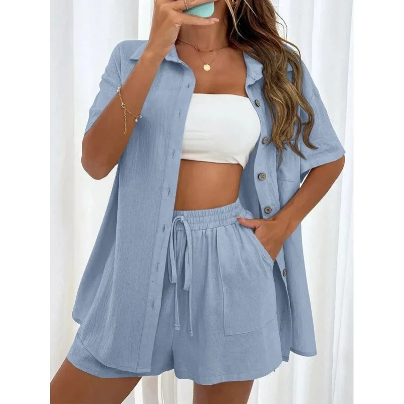 New In Matching Sets 2025Women Casual Suit Solid Color Fashion Loose Single-breasted Shirt Pocket Tie Shorts Women Two-Piece Set