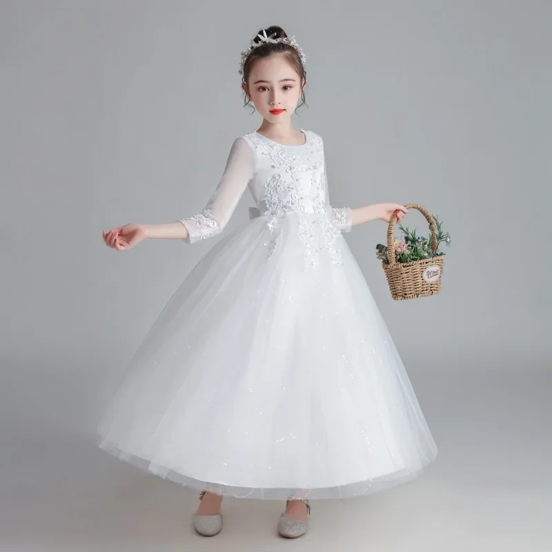 

Youth Girl's Teenagers Elegant Concert Performance Dress Women Ceremonial Long White Autumn Children 10 To 12 Years Old Clothes