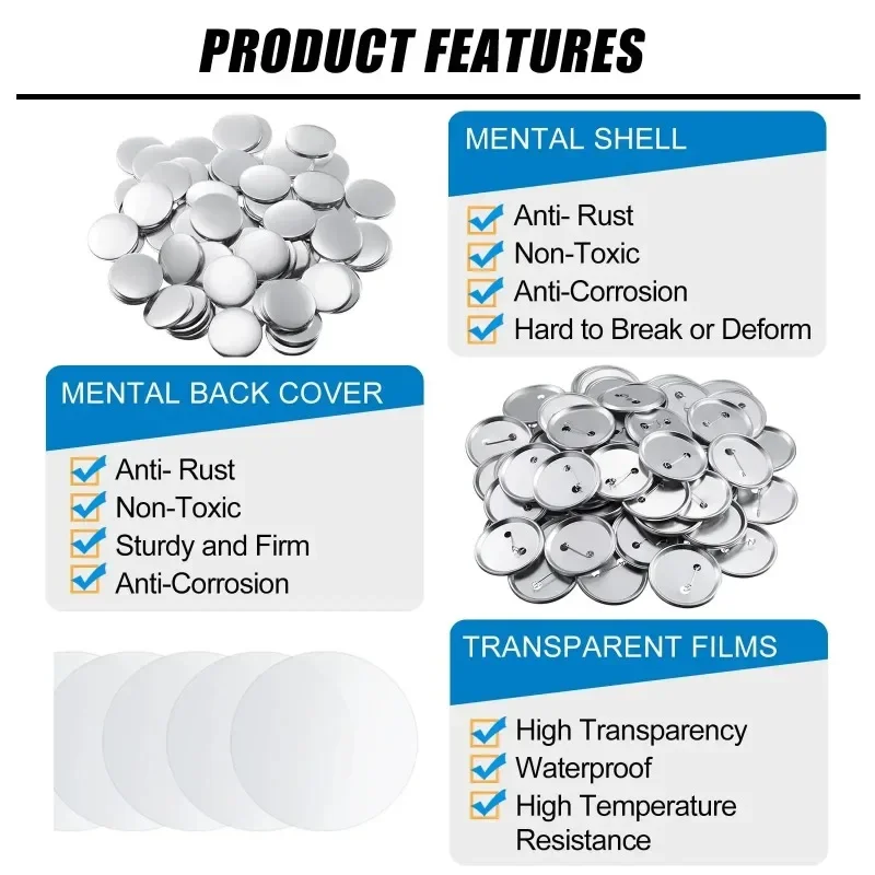 100PCS Blank Button Making Supplies 25-75mm Round Badge Parts Plastic / Metal Frosted Pin Badge Kit for Button Maker Machine