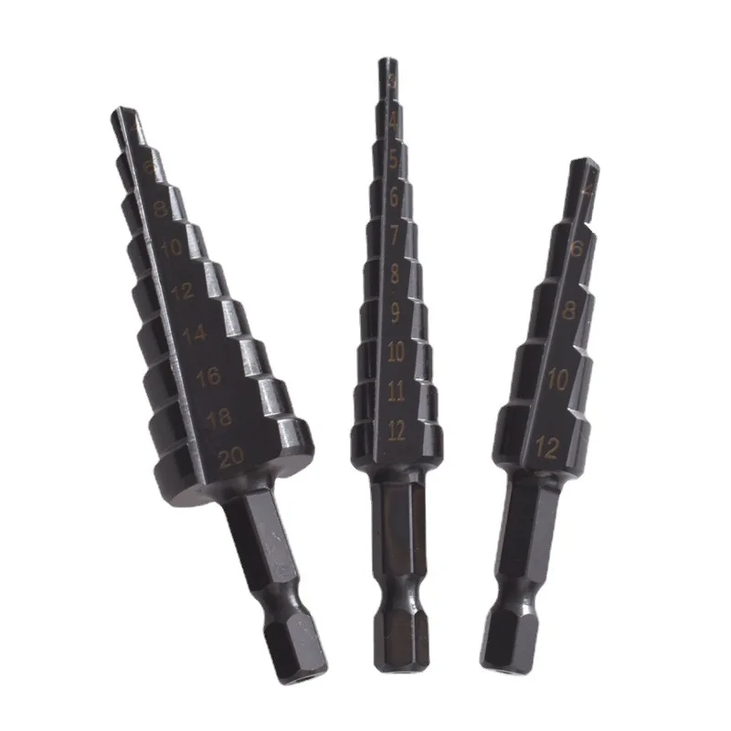 Foret étagé à rainure droite HSS, foret à nitruration, bois, métal, coupe-trou, noyau, ensemble d'outils de propositions de cône, 3-12mm, 4-12mm, 4-20mm, 3 pièces