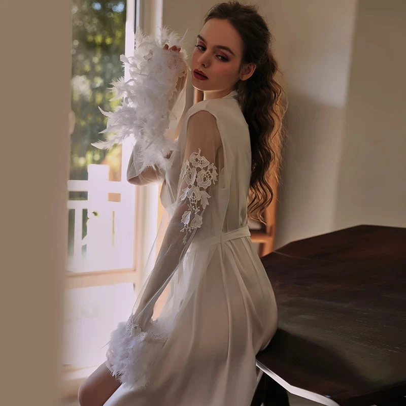 Long Bride Robe White Bathrobe Female Sexy Sleepwear Wedding Pijama Cuffs Homewear Embroidery Women Mesh And Feather Lace