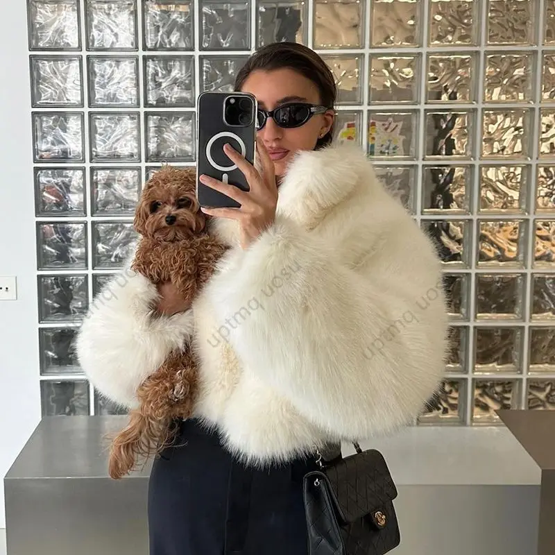 Iconic Fashion White Fox Faux Fur Jacket Women Crop Shaggy Winter Coat in Trend Luxury Brand Exclusive Premium Cozy Outfit