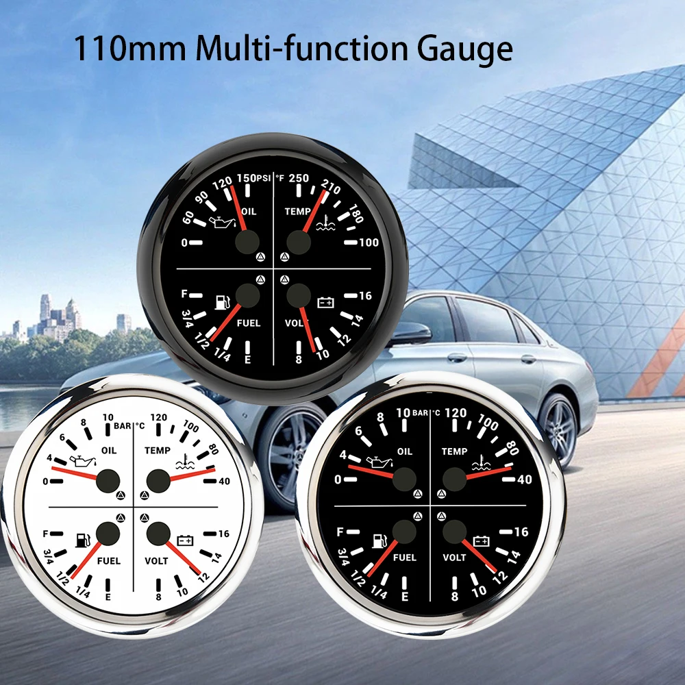 

RHAXEL 110 мм 4в1 Многофункциональный манометр Давление масла 0-10 бар Температура воды 40-120 ℃ Вольтметр уровня топлива 12 В с сигнализацией