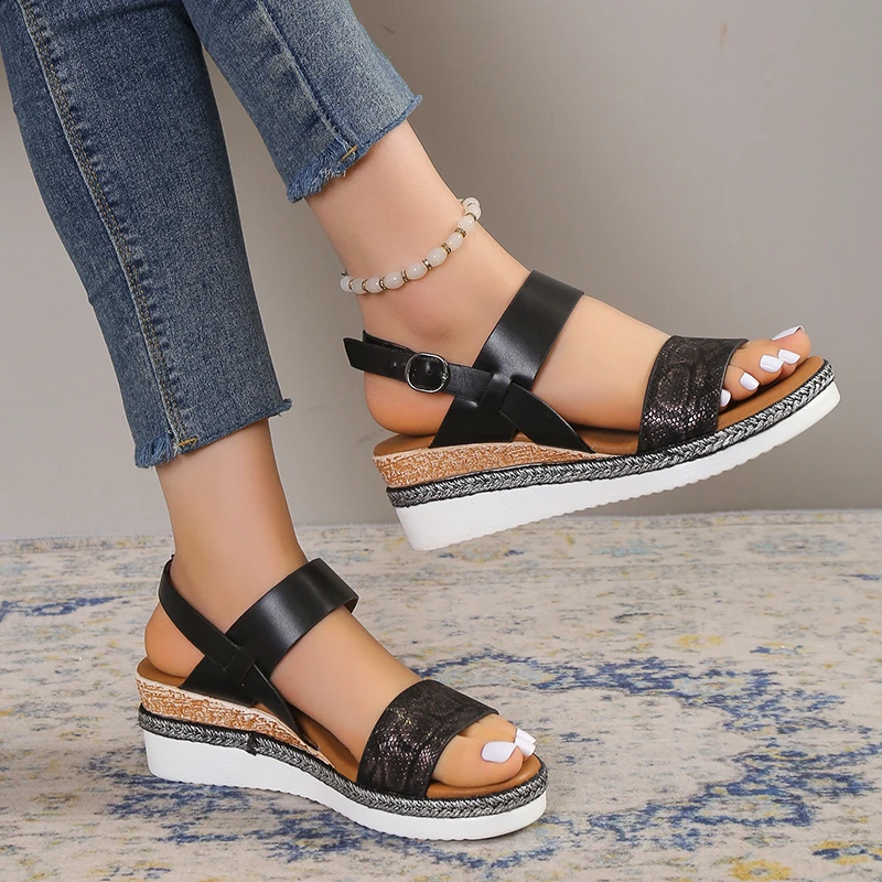 Snake Print Wedge Sandles for Women 2023 Summer Plus Size Platform Sandals Woman Lightweight Non Slip Beach Sandalias De Mujer