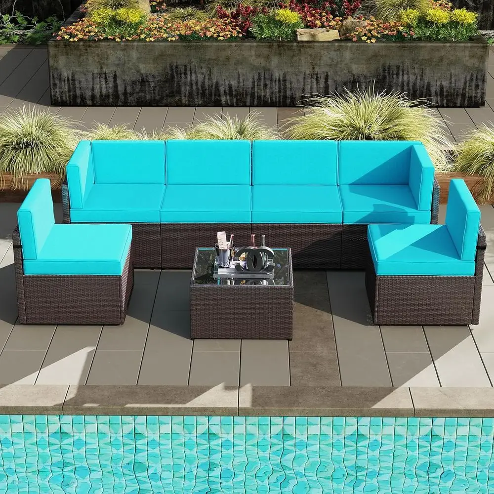 

7-Piece Outdoor Patio Furniture Set with Rattan Wicker Sofa Sectional and 2 Ottomans