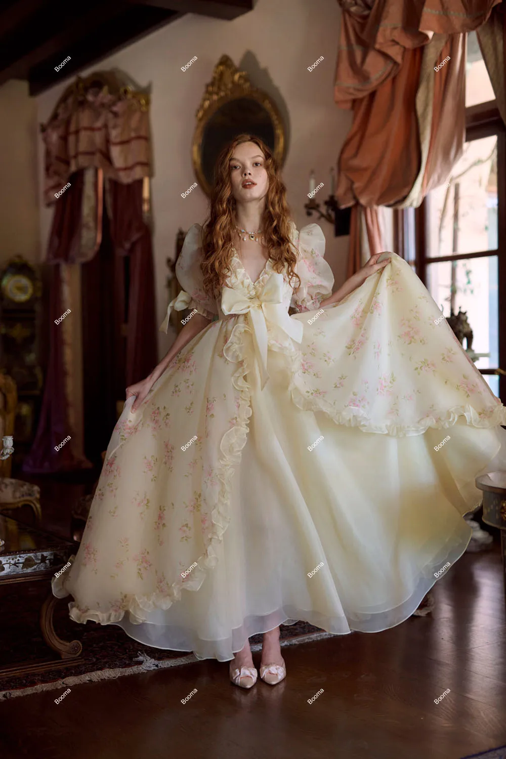 Vestidos de baile Booma-A-Line com babados para meninas, mangas curtas, vestidos de noite para festa de aniversário, até o tornozelo, princesa, Selkie