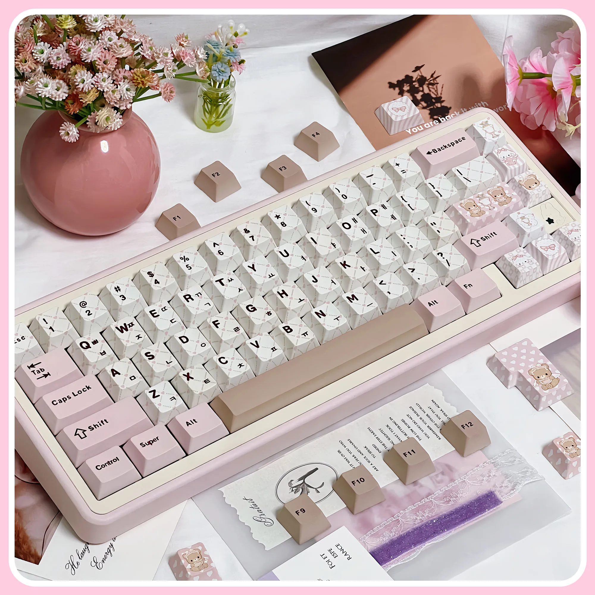 

Little Bear Tea Party Pink Theme Keycaps Set PBT Cherry Profile Custom Original Handmade Keycaps for Mechanical Keyboard Gift
