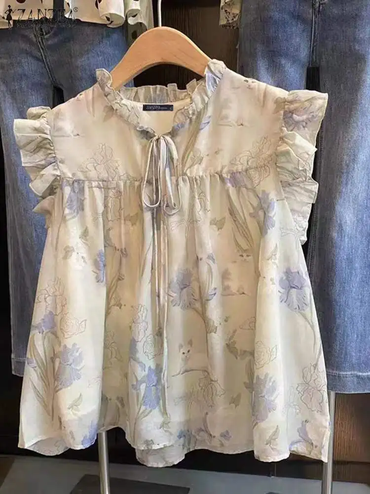 ZANZEA-camisetas sin mangas con estampado Floral Vintage para mujer, Tops de costura con volantes sin mangas, túnicas plisadas de vendaje, Tops sueltos informales 2024