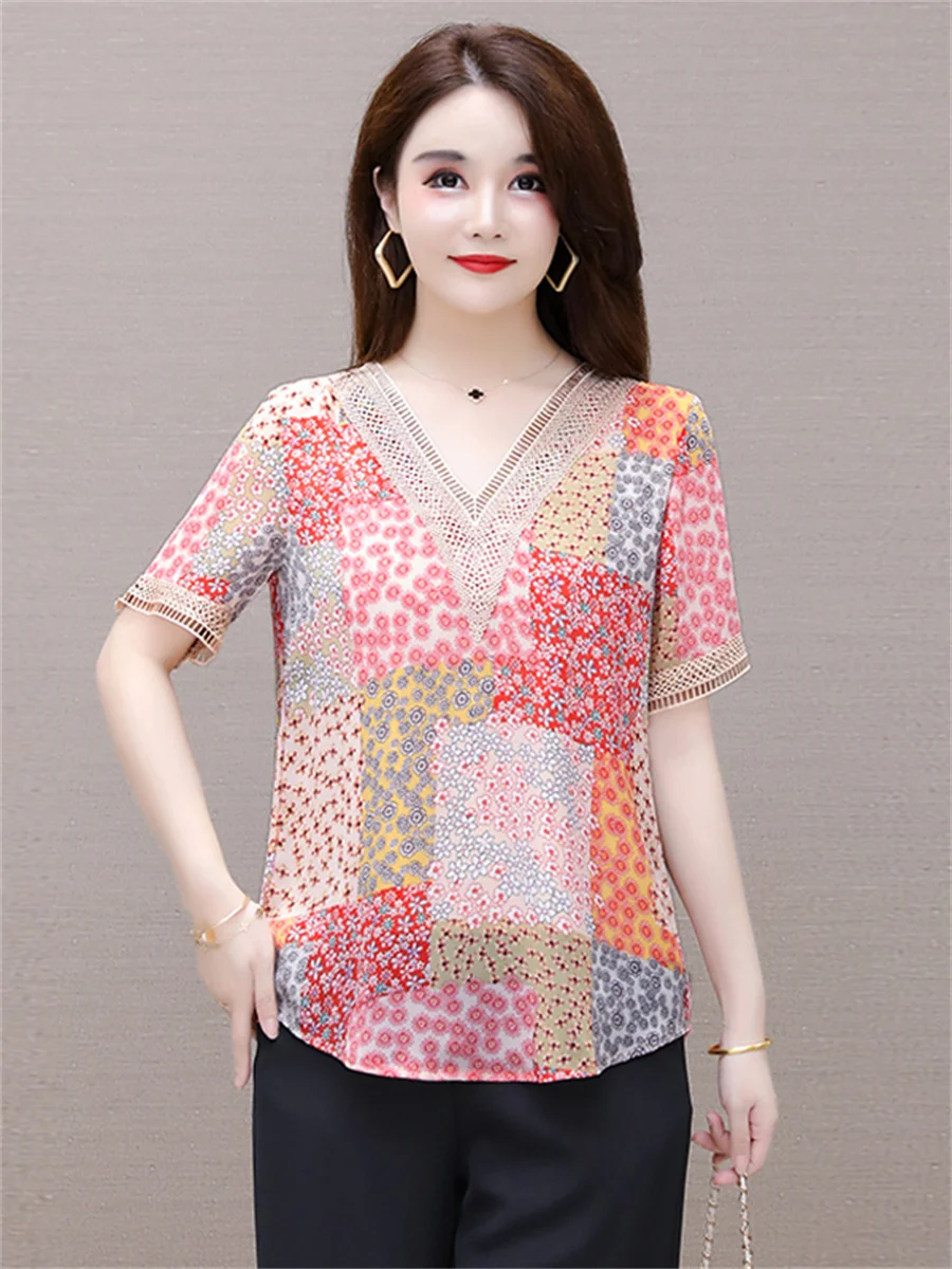 5XL Women Spring Summer Blouses Shirts Lady Fashion Casual Short Sleeve V-Neck Collar Printing Lace Blusas Tops CT0463