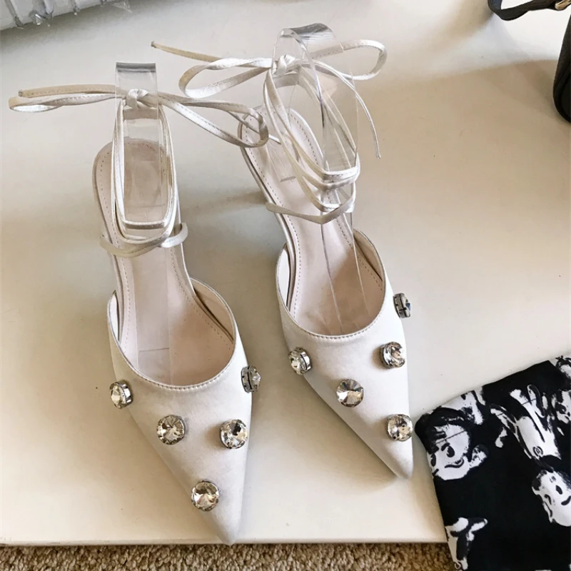 Rhinestone Pointed Mule Shoes Women Stiletto Heel Fashions Ankle Straps Roman Sandals Satin Designer Heeled Sandals Women Pumps